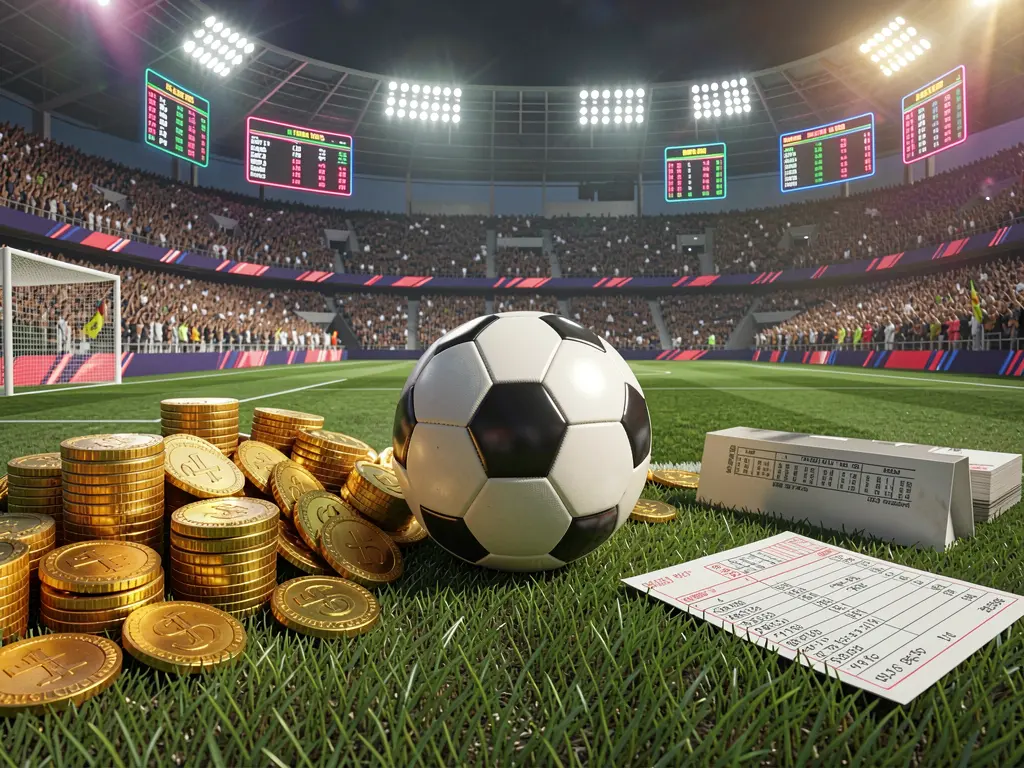 RF555 premium sports betting scene featuring a realistic 3D football field with a stadium crowd, a soccer ball, golden coins, betting slip elements, and neon odds panels