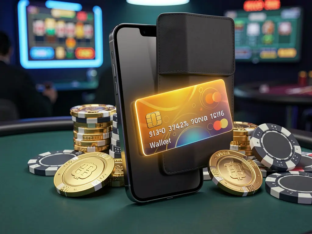 RF555 deposit bonus concept featuring a smartphone wallet with a glowing payment card, surrounded by golden coins and poker chips in a modern mobile casino style