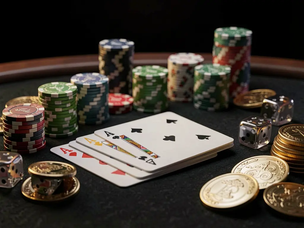 Close-up of an elegant casino table featuring poker chips, playing cards, dice, and gold coins with soft cinematic lighting on a luxury black background, showcasing RF555 brand's realistic 3D render.