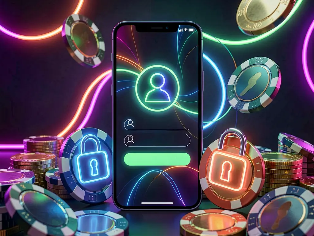 RF555 mobile gaming login page concept on a smartphone screen with abstract user and lock icons, surrounded by casino chips and coins under luxury neon lighting