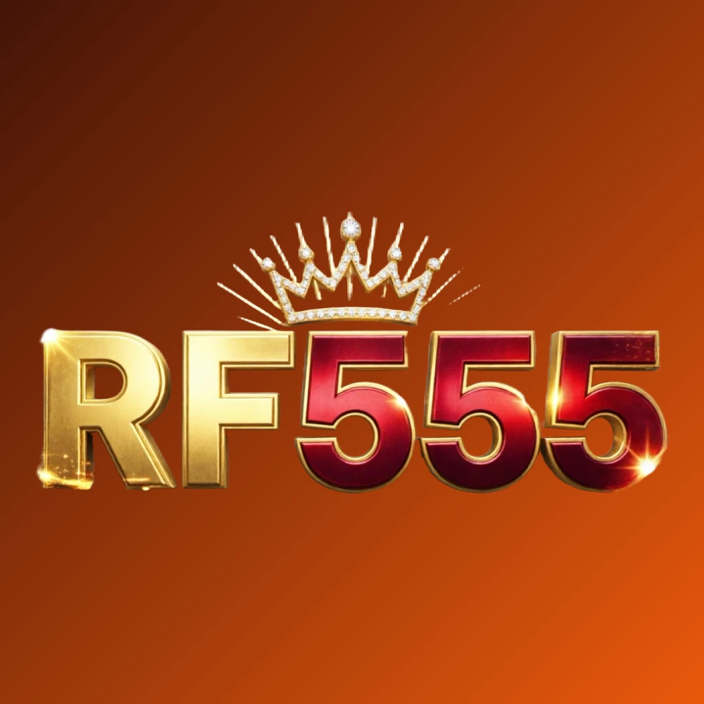 Dynamic casino-style logo for RF555 featuring massive bold lettering in bright gold and crimson colors with a glowing crown and sparkling light effects on a transparent background